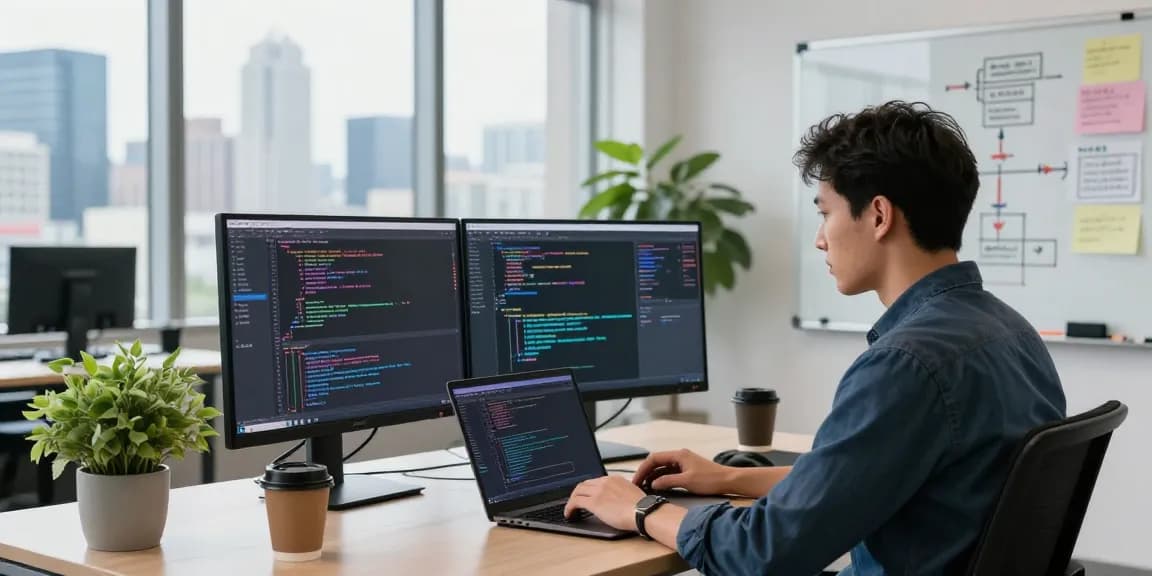 Developer working on WPS Official Website in a bright, modern office.