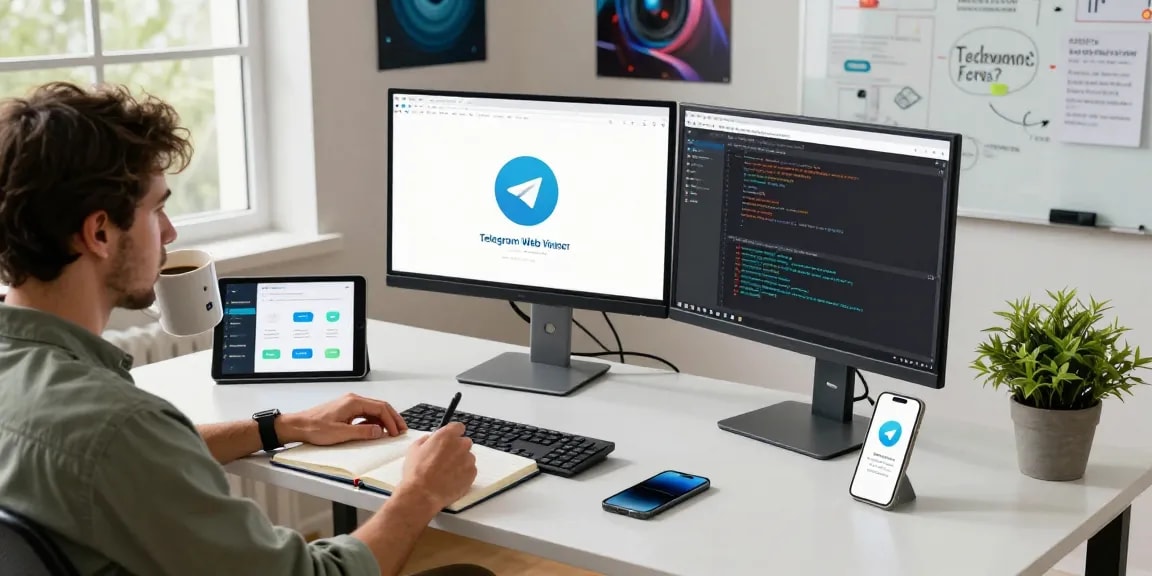 Developer using Telegram Web Version on dual monitors within a modern tech workspace.