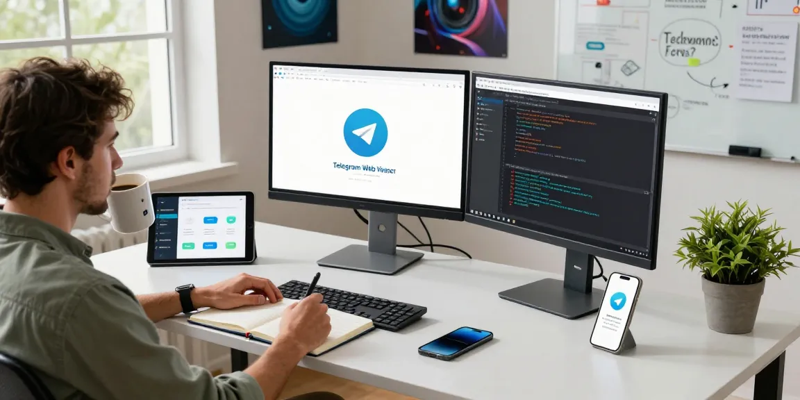 Developer using Telegram Web Version on dual monitors within a modern tech workspace.