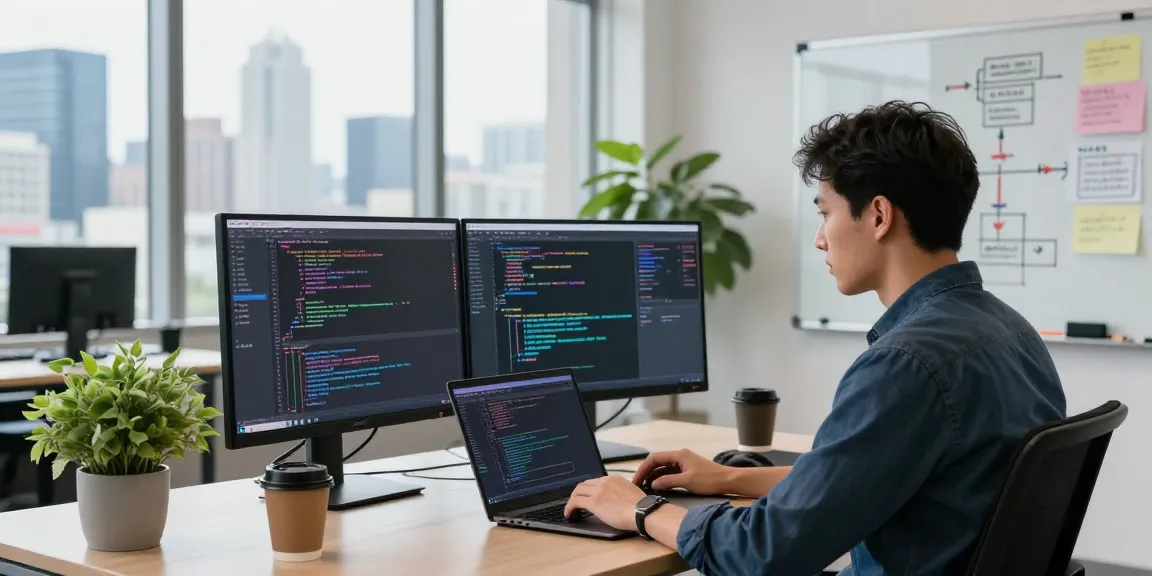 Developer working on WPS Official Website in a bright, modern office.