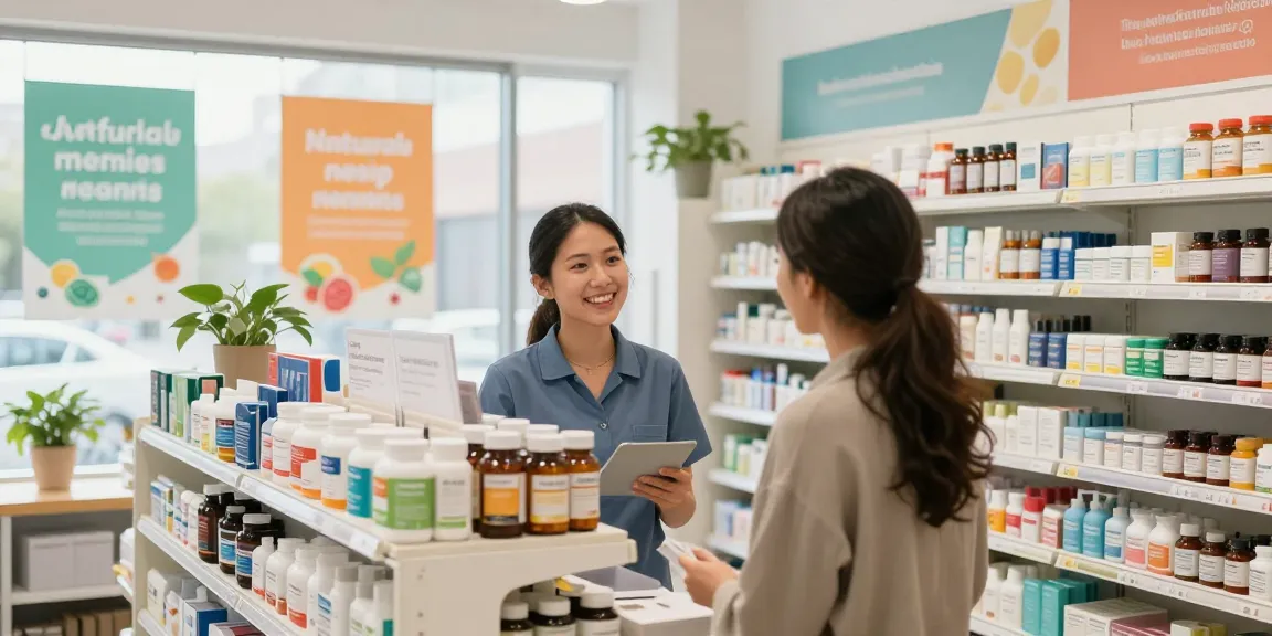 Customer receiving guidance in a bright parapharmacie Canada, featuring health products.