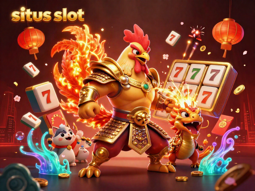 Experience the thrill of situs slot gaming with a dynamic 3D illustration of a roaring dragon, samurai rooster, and luck-enveloping cat.