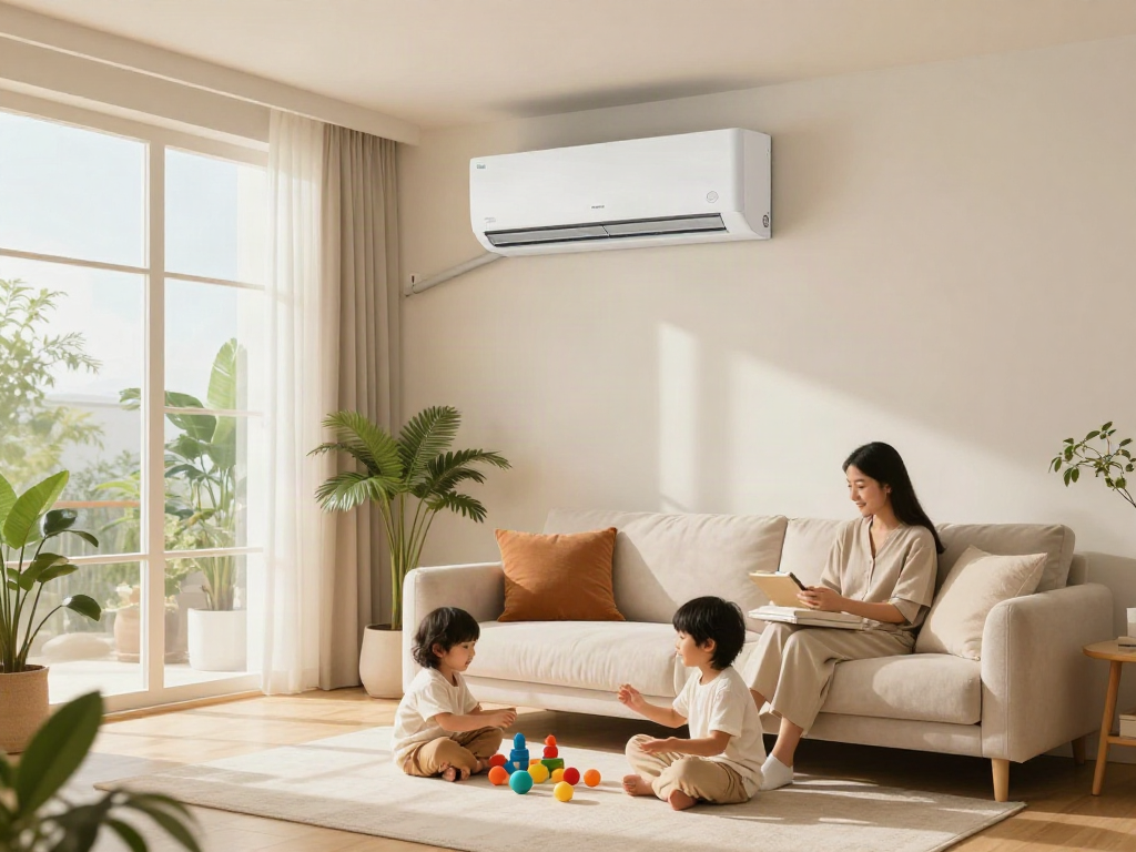 Ductless AC cooling a cozy family living room with natural light and comfortable decor