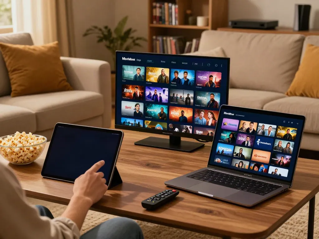 A user interacting with the MoviesBox Net app on a smartphone in a cozy living room filled with entertainment options.